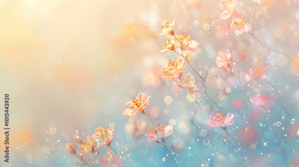 Fototapeta premium A photo of a group of flowers set against a vibrant mix of blue, pink, yellow, and white backgrounds with a blurred appearance