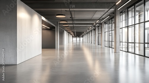 Industrial interior with corridor, gray concrete floor and ceiling, blank wall surface, 3d render. Abstract modern empty hall for business or exhibition background. 