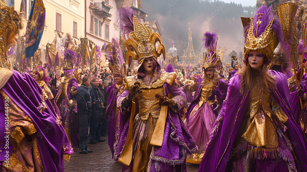 Naklejka premium Vibrant Fasching Celebration: A Festive Tapestry of Colorful Costumes in Austria's Winter Carnival