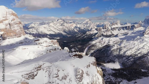 Aerial View of Mountain Hut on Top of Dolomites in Winter, Cortina D'ampezzo photo