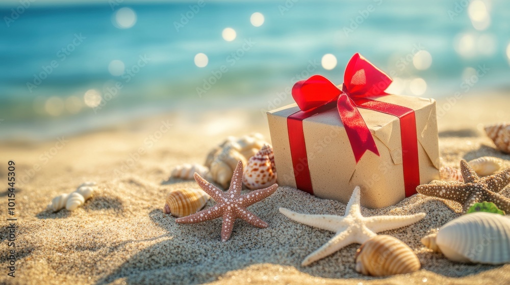 Gift box on sunny sandy beach with shells starfish for holiday closeup view