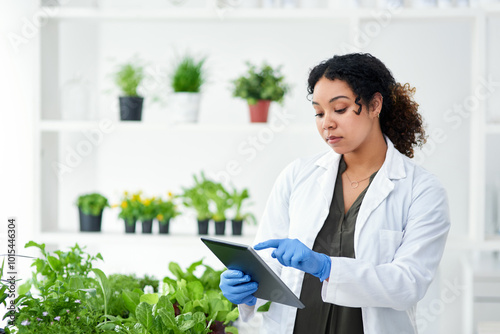 Agriculture, scientist and woman with tablet in laboratory for biochemistry, research and ecosystem. Science, innovation and person with tech by plants for ecology, development or climate change info