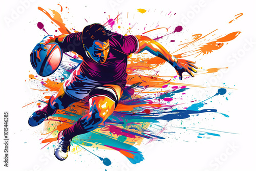 A Rugby player in action pose. Colorful paint splatters on white background.