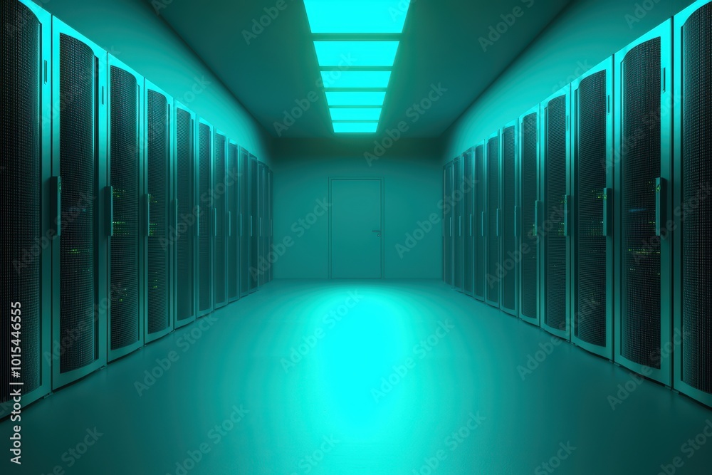 Fototapeta premium A modern server room featuring rows of servers under cool teal lighting, showcasing a sleek, high-tech atmosphere.
