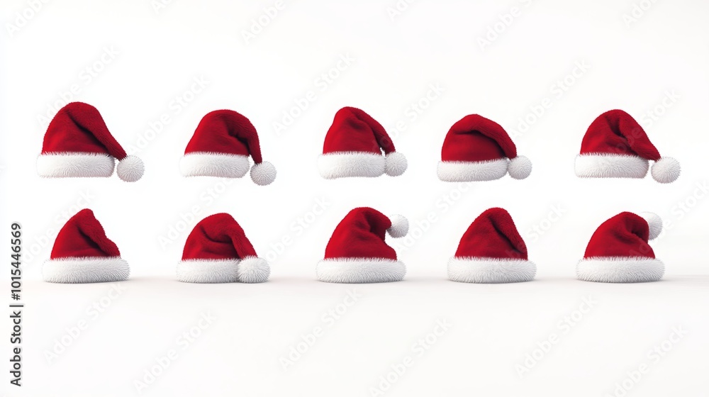 Red Santa Claus hat with different angles in white background using 3D rendering technology. Red Santa Claus hat with different angles in white background using 3D rendering technology.