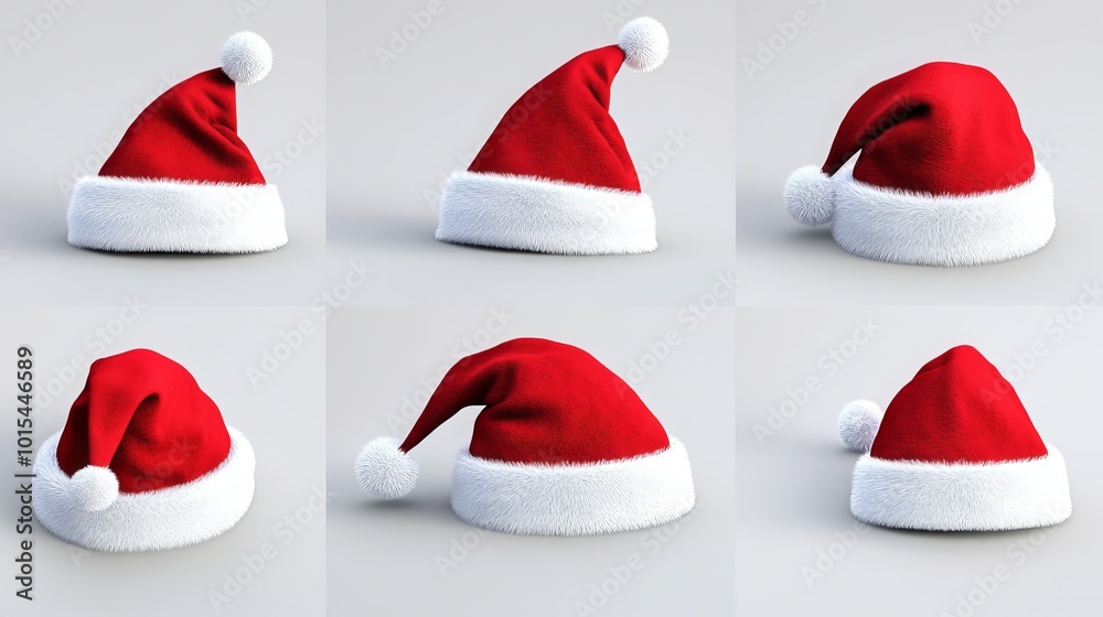 Red Santa Claus hat with different angles in white background using 3D rendering technology. Red Santa Claus hat with different angles in white background using 3D rendering technology.