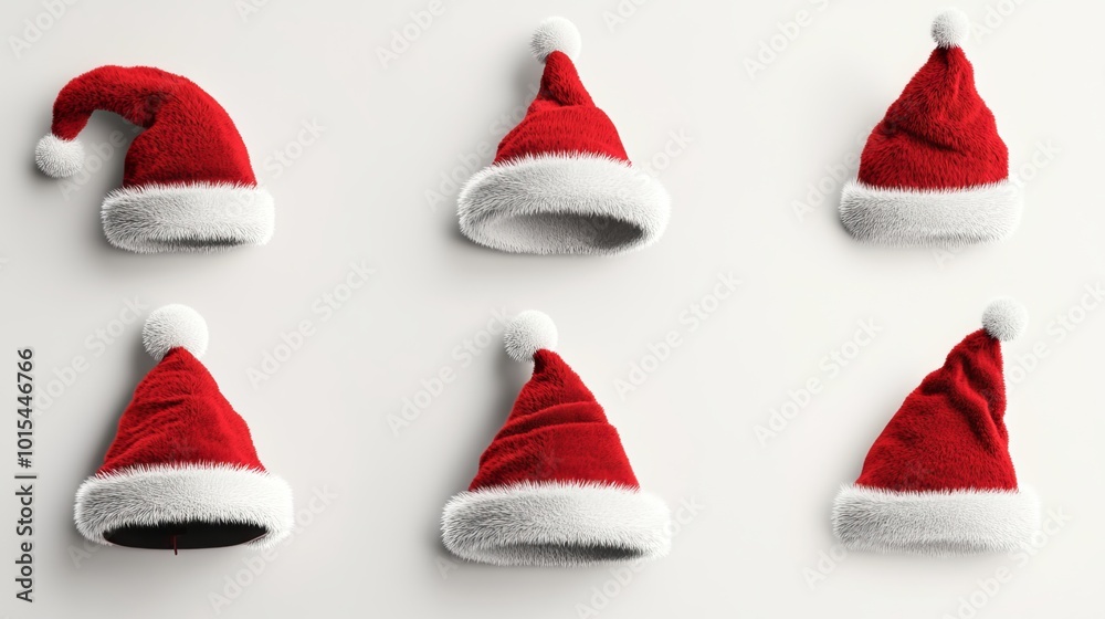 Red Santa Claus hat with different angles in white background using 3D rendering technology. Red Santa Claus hat with different angles in white background using 3D rendering technology.