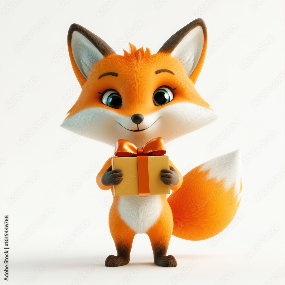 3D rendering cute fox holding a gift box isolated over white background. 3D rendering cute fox holding a gift box isolated over white background.