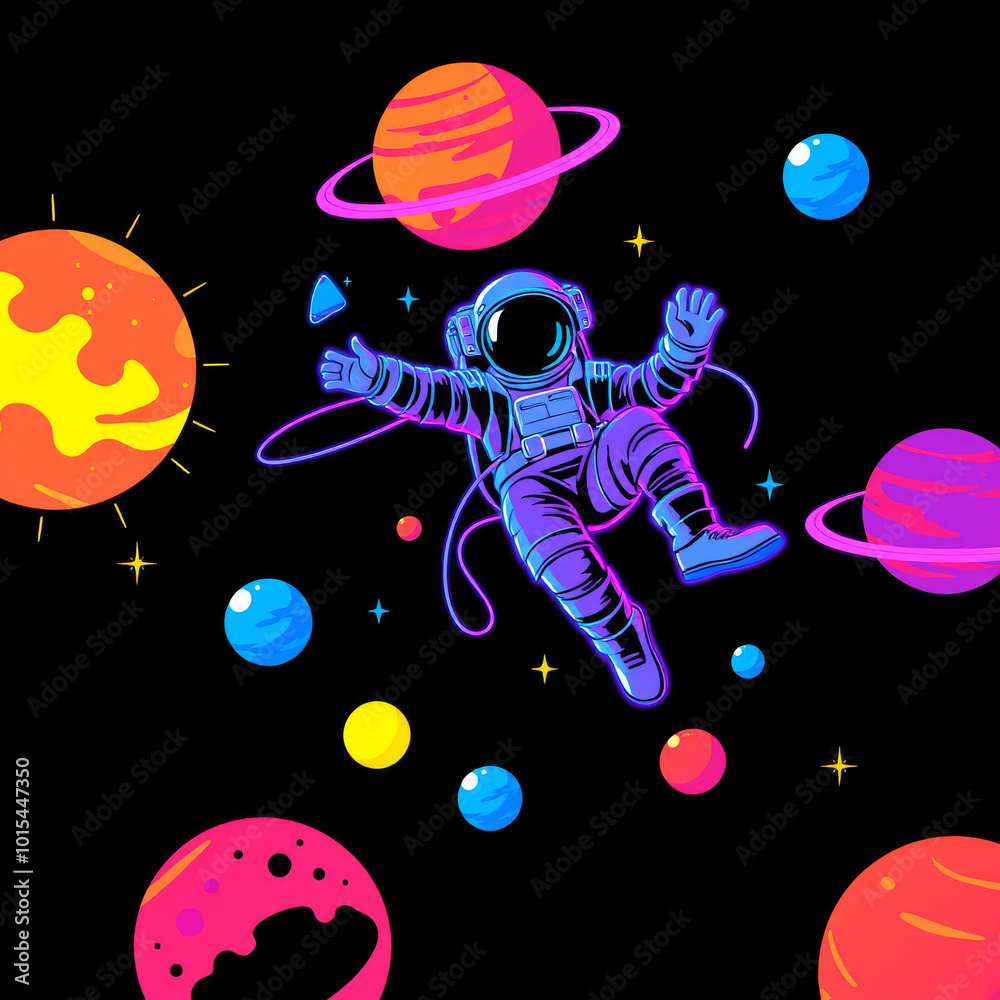Naklejka premium Weltraum-Erlebnis mit Astronaut und bunten Planeten