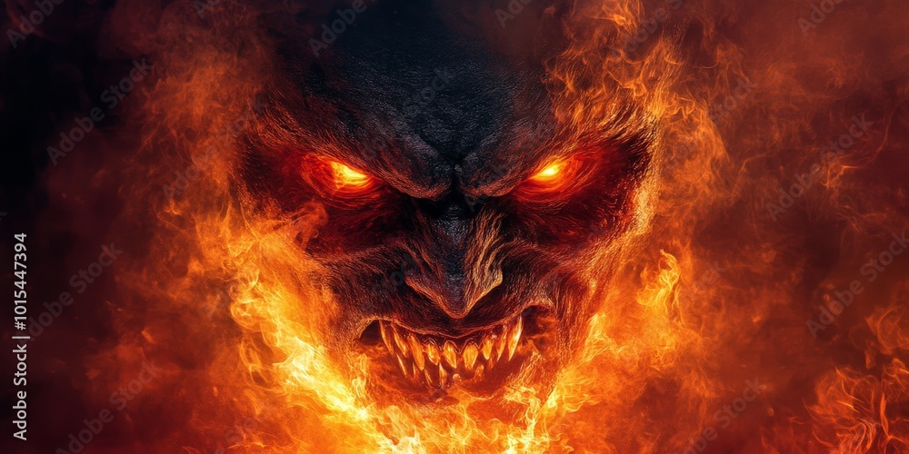 Fototapeta premium Fierce fire demon engulfed in flames with glowing eyes in dark realm