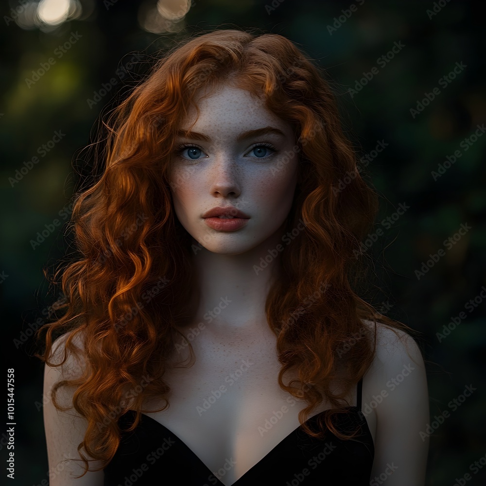 a pretty woman in her mid twenty’s. She has long bright red curly hair and blue eyes. Her skin is pale and soft. She wears a black skater dress and is standing in the woods at night. The light is dimm a pretty woman in her mid twenty’s. She has long bright red curly hair and blue eyes. Her skin is pale and soft. She wears a black skater dress and is standing in the woods at night. The light is dimm