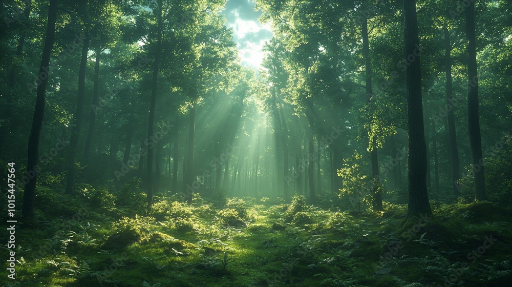 Fototapeta premium A sunbeam shines through the canopy of a dense, green forest, illuminating a path through the woods.