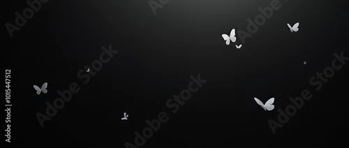 Fototapeta Weiße Schmetterlinge tanzen vor schwarzem Hintergrund