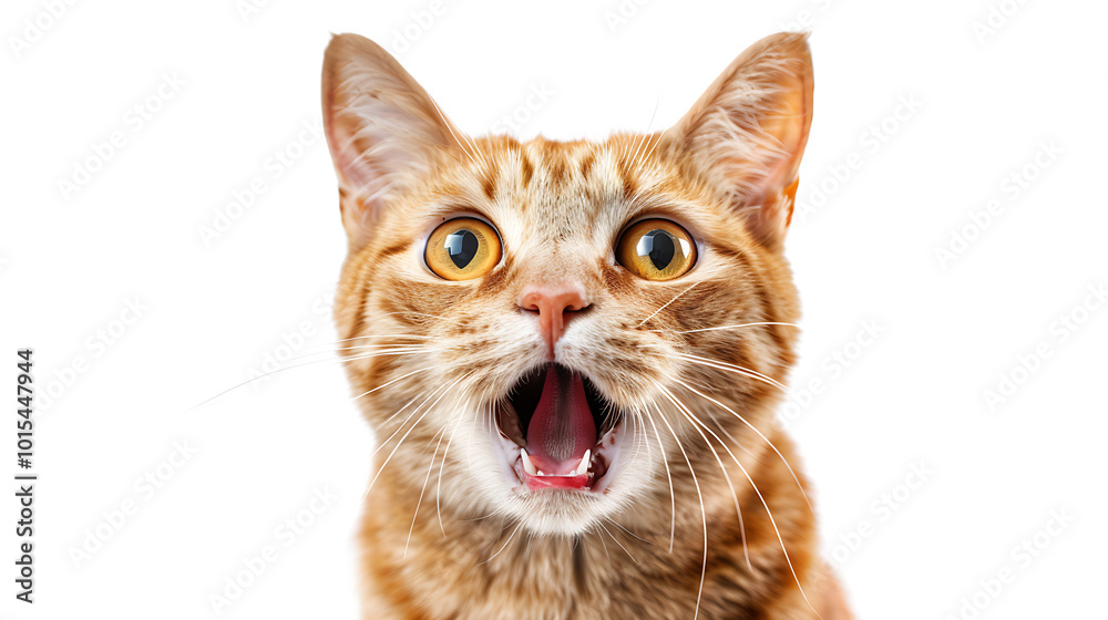 a close-up of an orange tabby cat with wide, yellow eyes and an open mouth. The cat's expression appears to be one of surprise or shock