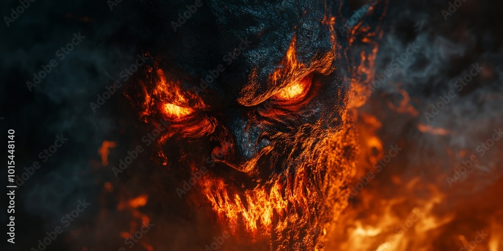 Fototapeta premium Fierce fire demon engulfed in flames with glowing eyes in dark realm