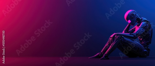 Futuristic humanoid robot sitting in a contemplative pose against a vibrant gradient background.