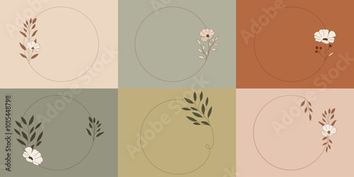 Szablony ramek z botanicznym motywem w prostym stylu z listkami i kwiatami - zaproszenia ślubne, gratulacje, baby shower, pocztówki, kartki urodzinowe, kartki z życzeniami, dzień kobiet.
