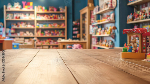 simple wooden background, counter in a toy store. place for text. blurred background with shelves on which lie bright children's toys