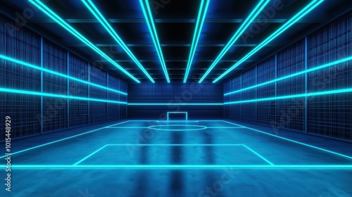 Futuristic sports hall with glowing blue neon lights and a minimalist soccer pitch. photo