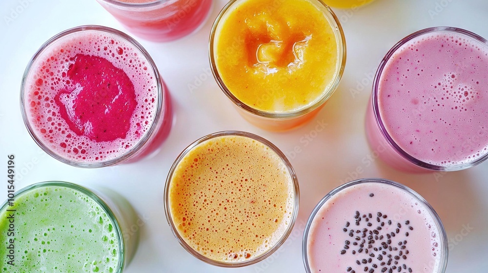 A diverse array of colorful beverages rests atop a pristine table, adorned with sparkling sprinkles A diverse array of colorful beverages rests atop a pristine table, adorned with sparkling sprinkles
