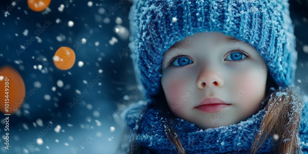 Child enjoying winter snow in blue knit hat and scarf Child enjoying winter snow in blue knit hat and scarf