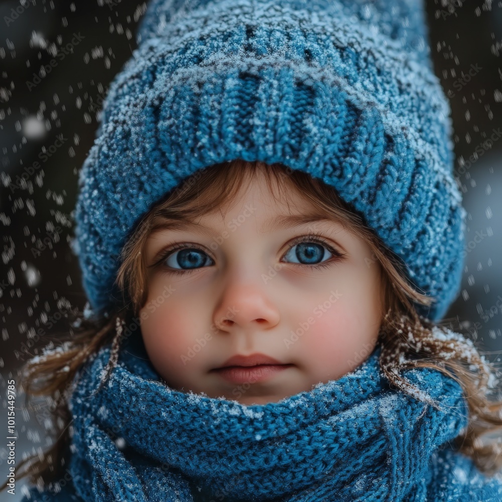 Child enjoying winter snow in blue knit hat and scarf