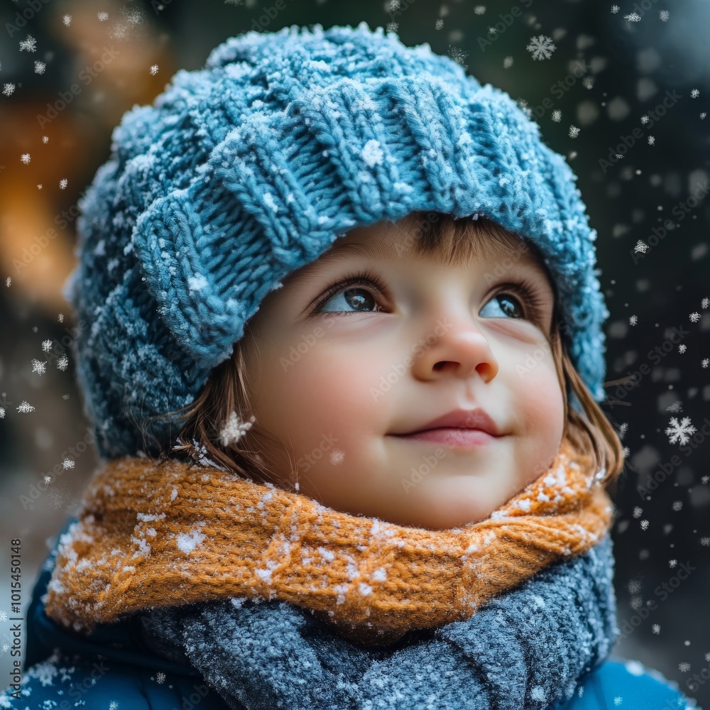 Child enjoying winter snow in blue knit hat and scarf Child enjoying winter snow in blue knit hat and scarf