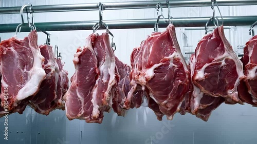 fresh meat hanging large metal hooks inpristine white room highlighting reality butchering slaughtering processes withincold storage environment industry pig hook carcase hoist hooked food