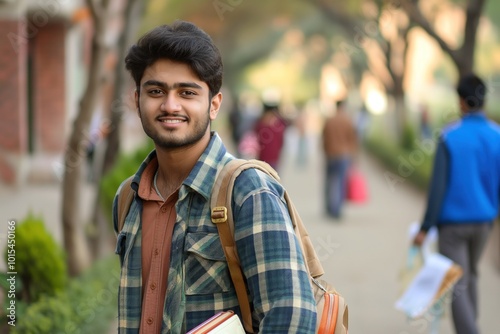 Young Indian male stands confidently on a sidewalk, wearing blue and plaid shirt, carrying backpack. Background is blurred with people walking and trees lining the street. photo