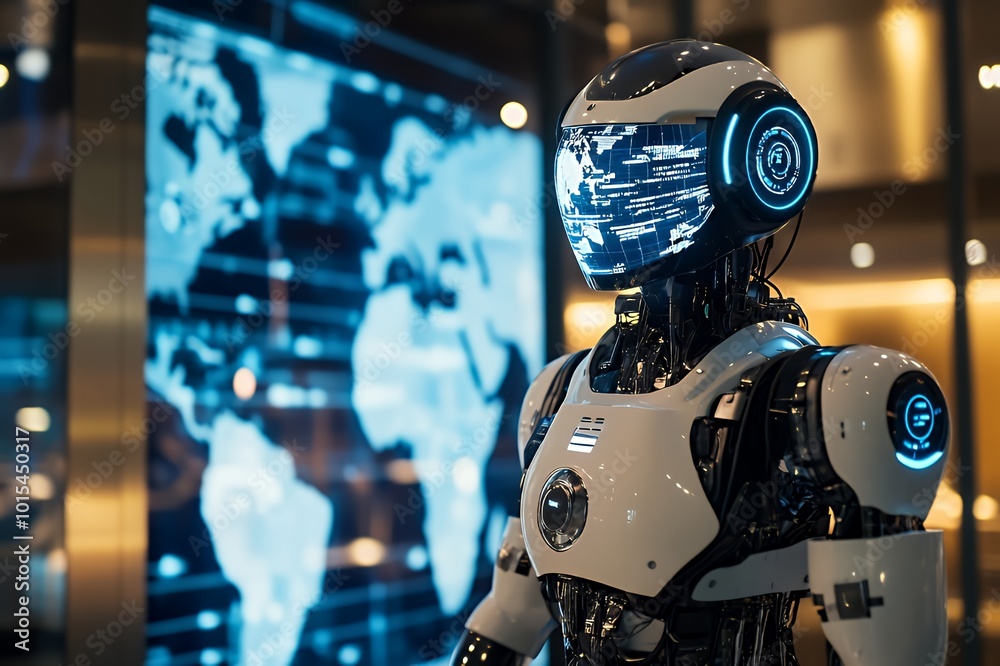 Fototapeta premium White humanoid robot with a blue glowing head standing in front of a world map screen.