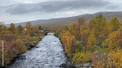 A river meandering through an autumnal landscape of trees and mountains, crossed by a bridge, Hjerkinn, Dovrefjell, E6, Norway, Europe photo