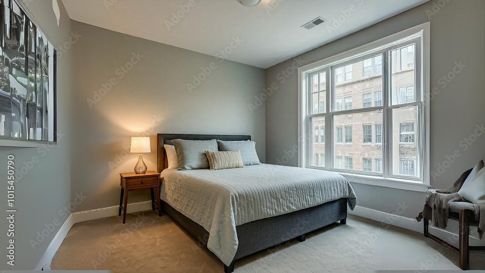 Minimalist bedroom with a queen-sized bed, white walls, and wooden flooring. Ideal for a serene and peaceful atmosphere. Minimalist bedroom with a queen-sized bed, white walls, and wooden flooring. Ideal for a serene and peaceful atmosphere.