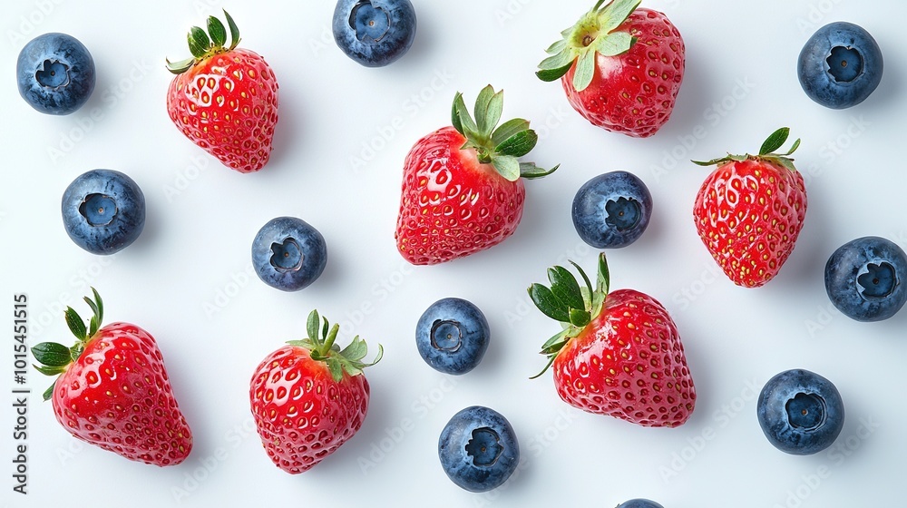   A collection of strawberries and blueberries placed on a white background with a green leaf positioned above the strawberries