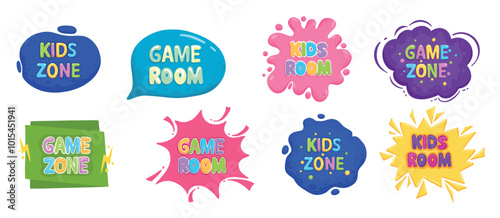 Cartoon kids play room badges, play zone labels. Entertainment children playroom, game zone party stickers flat vector symbols set. Colorful child playing zone badges collection on white background