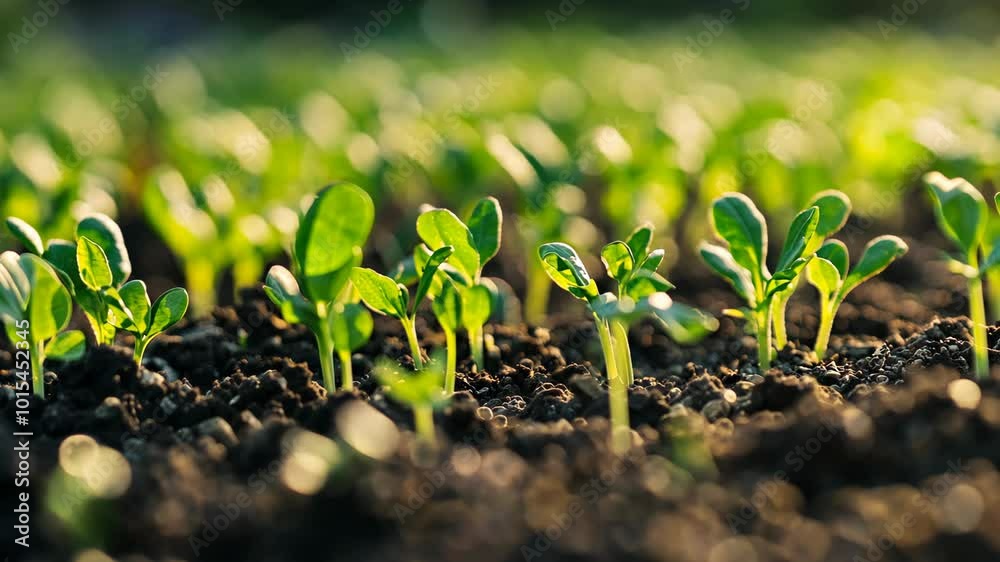 Young green seedlings sprout from dark soil in a garden bed Young green seedlings sprout from dark soil in a garden bed