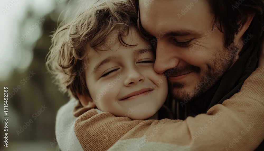 Father And Son Blissfully Embracing In Front Of A White Backdrop, Exuding Happiness And Love In A Heartwarming Moment. Father And Son Blissfully Embracing In Front Of A White Backdrop, Exuding Happiness And Love In A Heartwarming Moment.