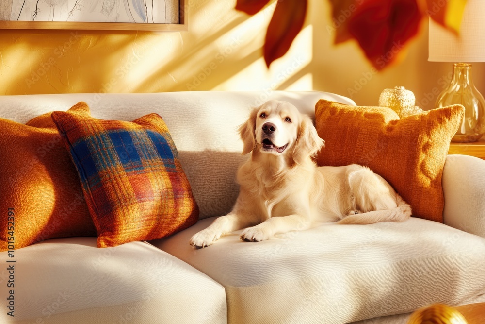 Obraz premium A golden retriever relaxing on a cozy white couch surrounded by autumn-themed decor in a sunlit living room