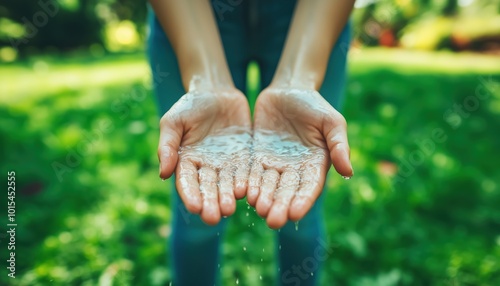 Conserving Water And Promoting Hygiene In A Green Environment: Closeup Of Person Saving Water With Hands In Nature Setting. photo