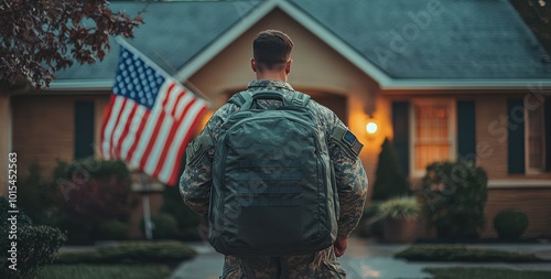 Military soldier in uniform carrying a duffel bag walking towards a warmly lit home with an American flag in the front yard, symbolizing homecoming and honor.