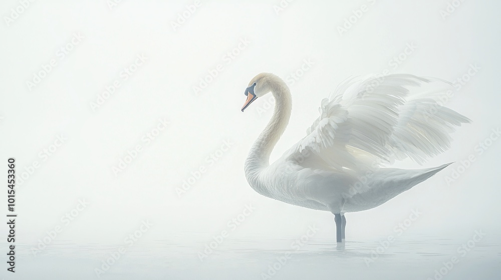 Fototapeta premium A white swan glides atop water amidst fog with spread-out wings