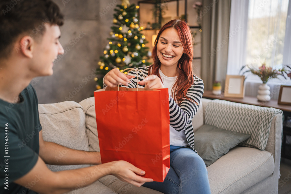 Boyfriend give christmas gift from shopping bag to girlfriend at home Boyfriend give christmas gift from shopping bag to girlfriend at home