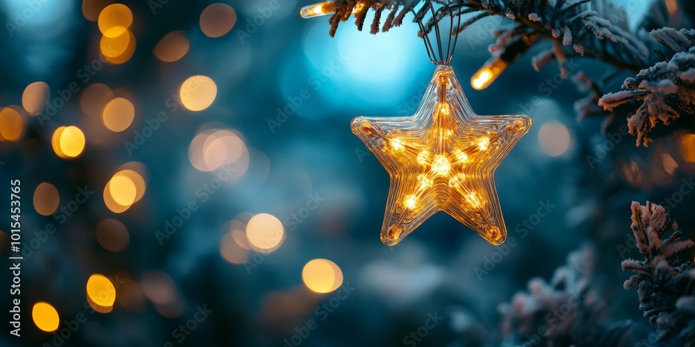 Christmas star lights with blue background and bokeh festive Christmas star lights with blue background and bokeh festive