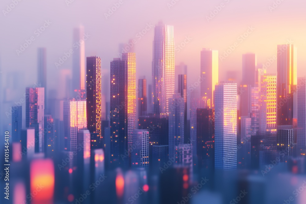 Fototapeta premium Cityscape at sunset with tall buildings and a hazy sky.