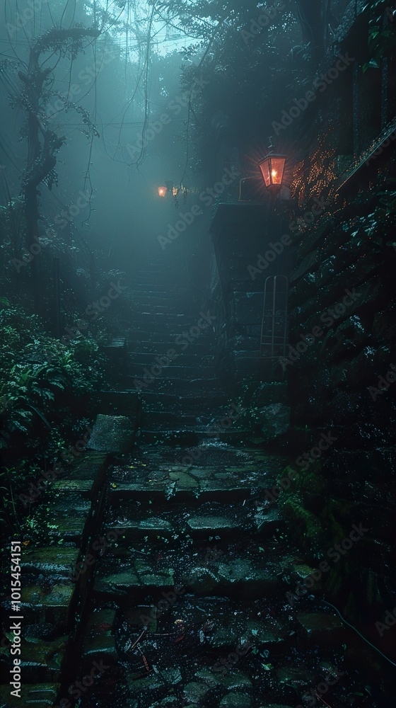 Mysterious Stone Steps Leading Through a Foggy Forest Mysterious Stone Steps Leading Through a Foggy Forest