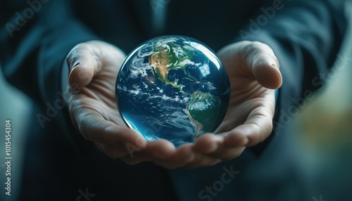 Businessman Promoting Sustainable Practices: Environmental Care, Renewable Energy, And Global Responsibility For Saving The Planet. photo