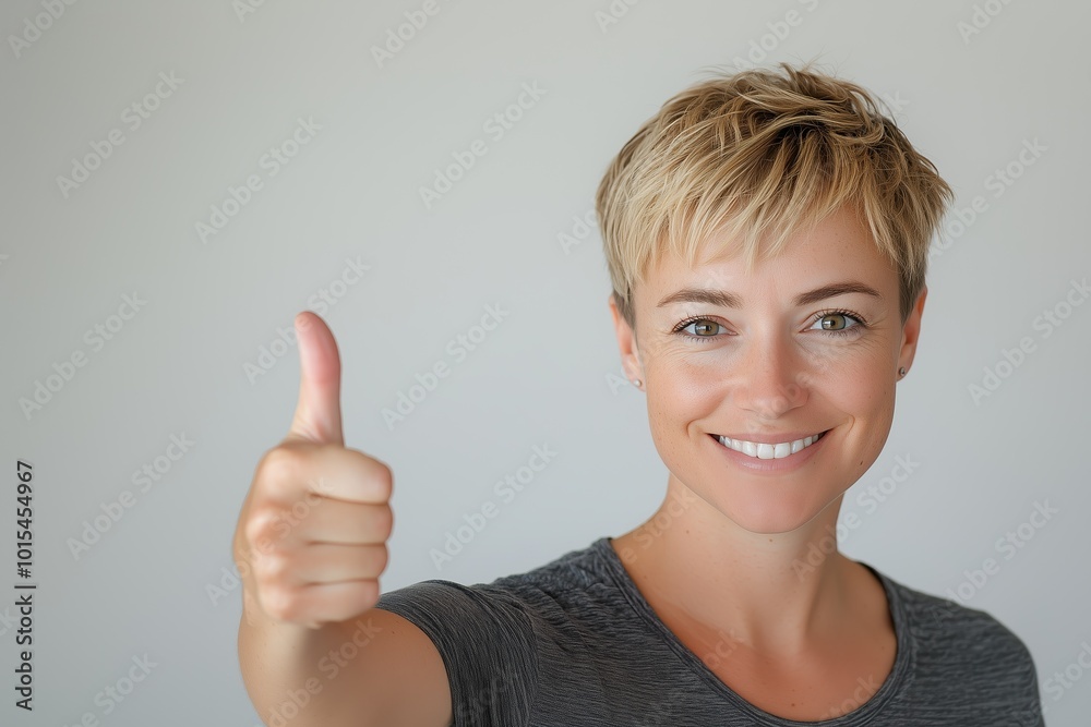 Smiling Woman Giving Thumbs Up Gesture. Generative AI. Smiling Woman Giving Thumbs Up Gesture. Generative AI.