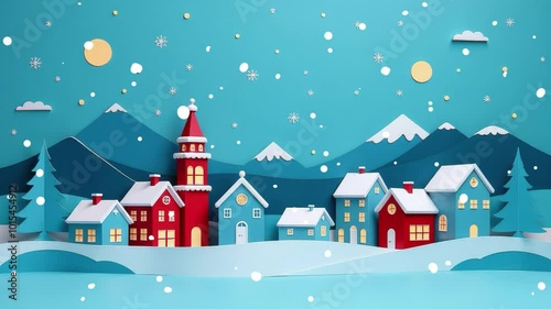 Animated illustration banner paper cut cityscape with snowflakes, snowy winter with red and white houses and mountains, cartoon screensaver Christmas, New Year banner , snowfall, cold weather