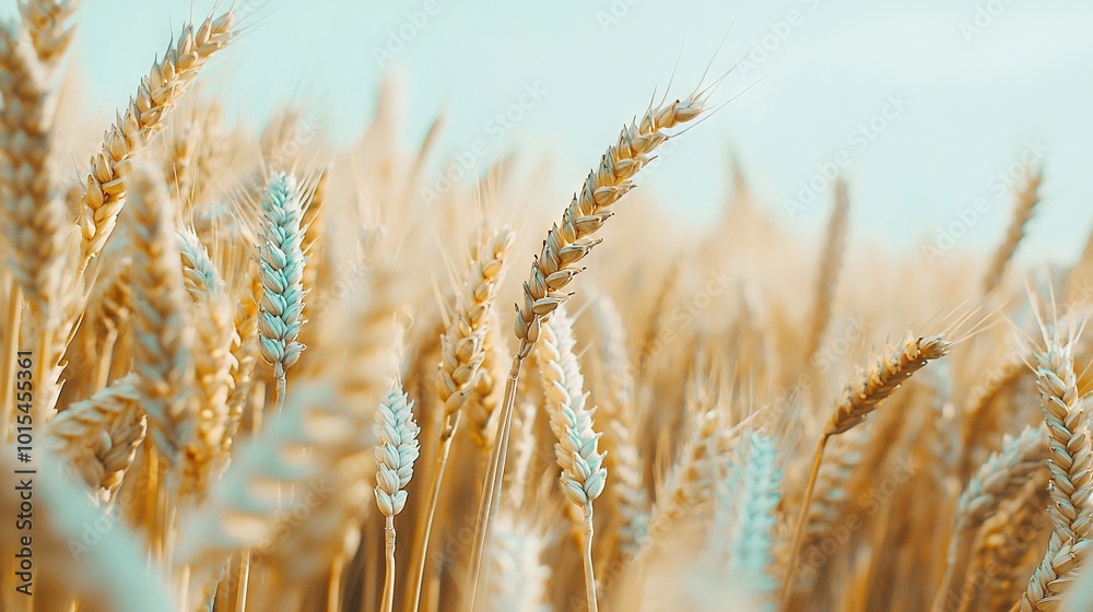 Fototapeta premium A clear photo of a wheat field, with a blue sky in the background and crisp images of wheat stalks in the foreground