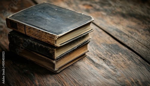 Closeup Of A Pile Of Vintage Hardcover Books Resting On A Wooden Surface. The Image Showcases The Age And Texture Of The Books.