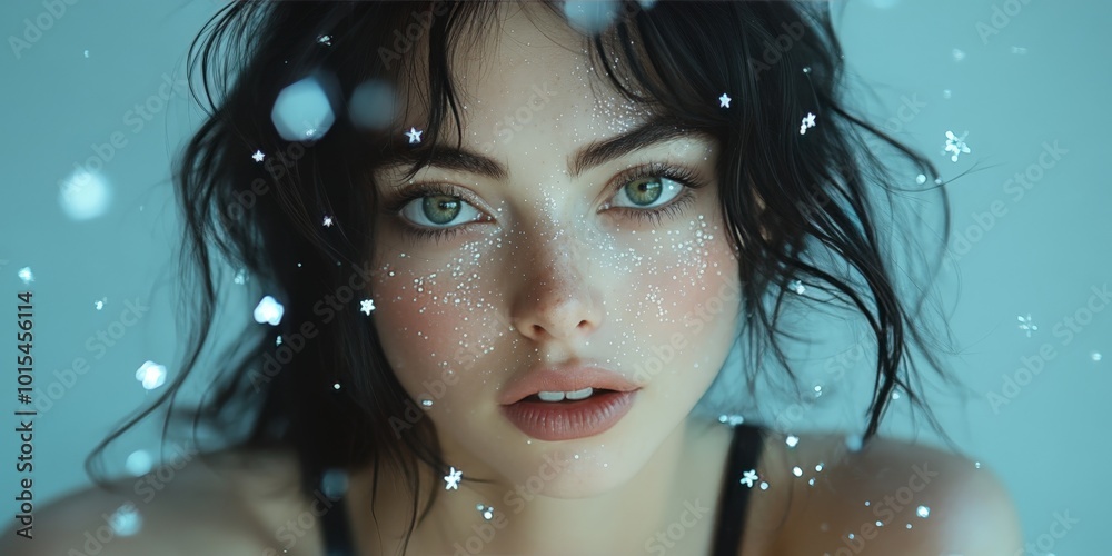 Dreamy girl surrounded by stars, ethereal fantasy portrait in soft focus